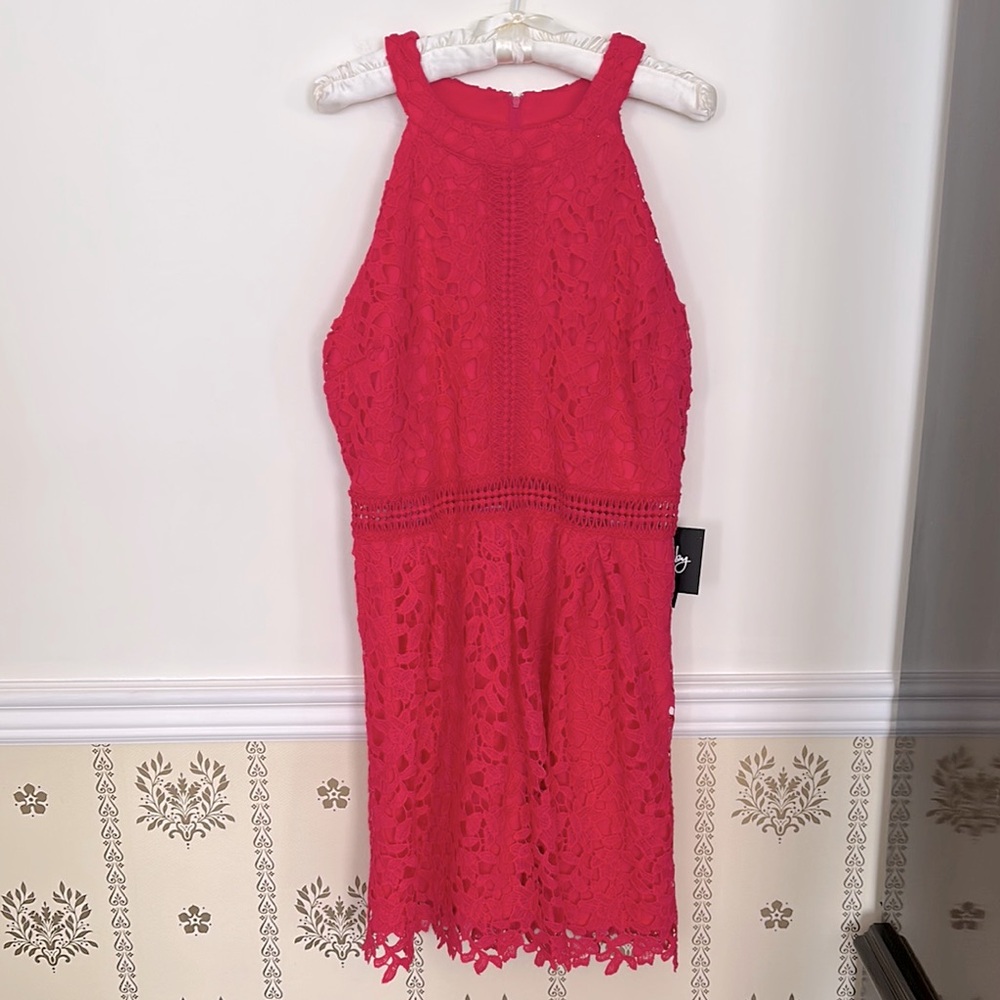NWT by & by Lace Floral Bright Pink Dress 15 Sleeveless Crew Neck Lined A Line